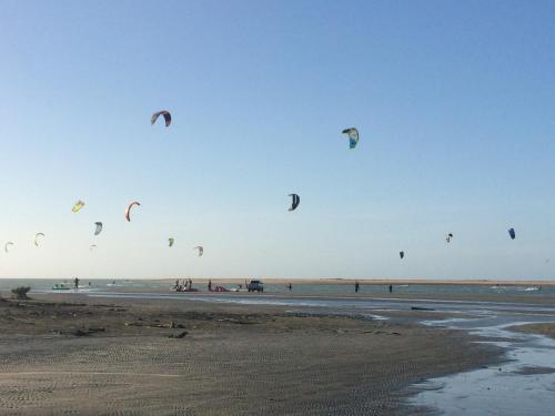 a group of people flying kites on the beach at Pousada Kite Guajiru in Itarema