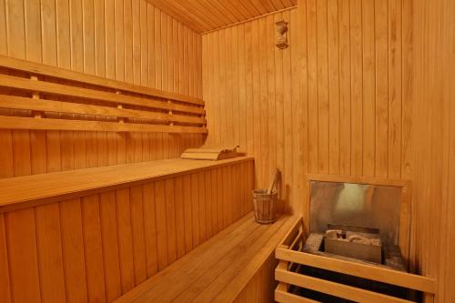 an inside of a wooden sauna with a fireplace at Mulen Hotel Tandil in Tandil