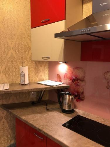 a kitchen with a counter with a pot on a stove at Motel Kurortnyy & SPA in Shklo
