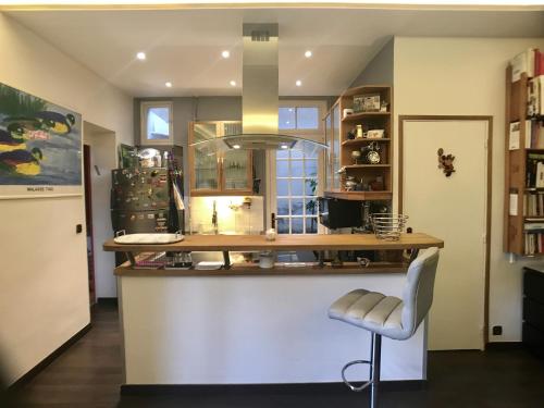 ヌイイ・シュル・セーヌにあるcosy rare 2 bedroom apartment around a private gardenのキッチン(カウンター、スツール付)