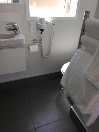 a bathroom with a sink and a toilet and a window at Bucklands Beach Waterfront Motel in Auckland