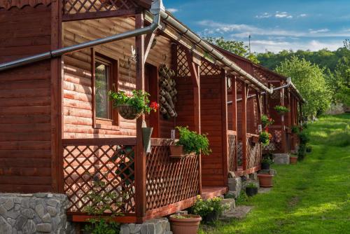 a log cabin with potted plants on the porch at Pension Bassen in Bazna