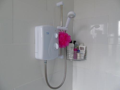 a bathroom with a blow dryer on a wall at Snug - Krayr Apartment in Helensburgh