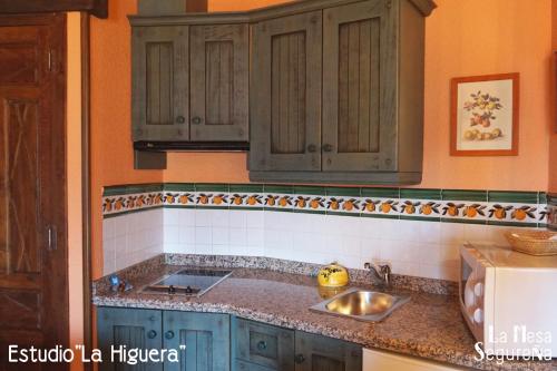 a kitchen with wooden cabinets and a sink and a refrigerator at La Mesa Segureña in Segura de la Sierra