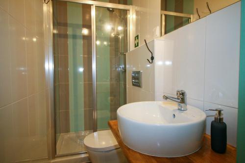 a bathroom with a sink and a shower and a toilet at Casa dos Batalim in Monchique