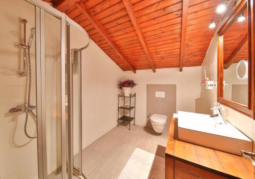 a bathroom with a shower and a sink and a toilet at Villa Ege in Kaş