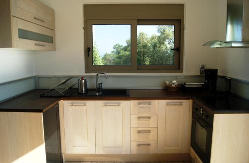 a kitchen with a sink and a window at Manna Gea in Vonitsa