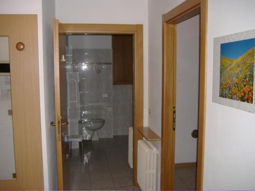 La salle de bains est pourvue d'un lavabo, d'une douche et de toilettes. dans l'établissement Residence Hotel Montechiara, à Baselga di Pinè