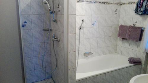 a bathroom with a shower with a tub and a sink at Pichlgut in Radstadt