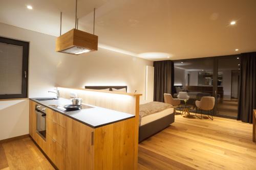 a bedroom with a bed and a kitchen with a sink at Weinvilla Vollmayer in Hilzingen