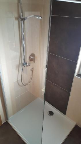 a bathroom with a shower with a glass door at Pension Elisabeth in Vent