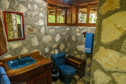 a bathroom with a blue toilet and a sink at Finca Ixobel in Ixobel