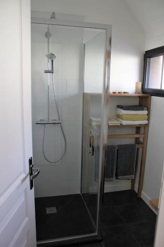 une douche avec une porte vitrée dans une salle de bain dans l'établissement L’abri du monde, à Fleury-la-Forêt