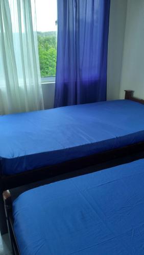 a bedroom with a blue bed with a window at Casa de Campo Palmarito in Tubará