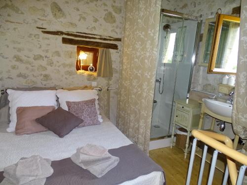 a bedroom with a bed and a shower and a sink at Chambre d'Hôtes Le Pigeonnier de Quittimont in Lacépède