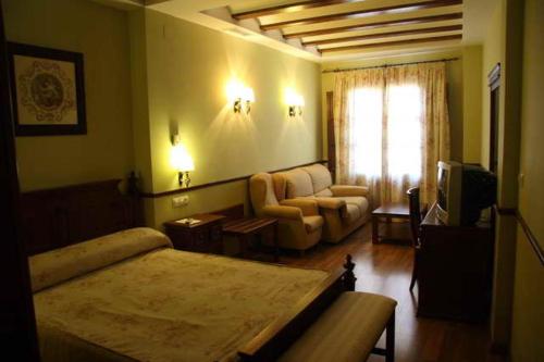 ein Schlafzimmer mit einem Bett, einem Sofa und einem TV in der Unterkunft Hotel El Maño in Huéscar
