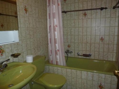 ein Badezimmer mit einer grünen Badewanne und einem Waschbecken in der Unterkunft La Schmetta 5 (334 Fo) in Lenzerheide