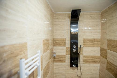 a shower with a shower head in a bathroom at Vila Lidia in Tsigov Chark