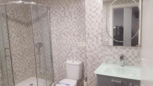 a bathroom with a shower and a toilet and a sink at Deluxe Hostels & Suites Merida in Merida