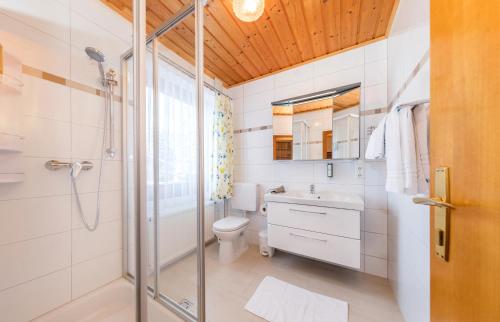 La salle de bains est pourvue d'une douche, de toilettes et d'un lavabo. dans l'établissement Appartements Haus Sonnenschein, à Zell am See
