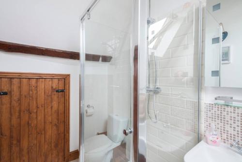 uma casa de banho com um chuveiro, um WC e um lavatório. em Church Farm Cottage Haysbro em Happisburgh