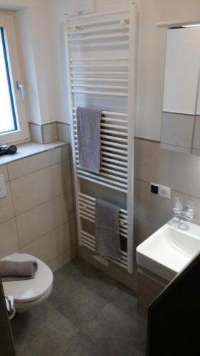 a bathroom with a white toilet and a sink at die Gartenwohnung - Tanja Tipotsch in Schwendau