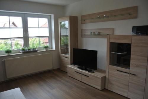 una sala de estar con TV de pantalla plana en un armario en Seestern, en Greetsiel