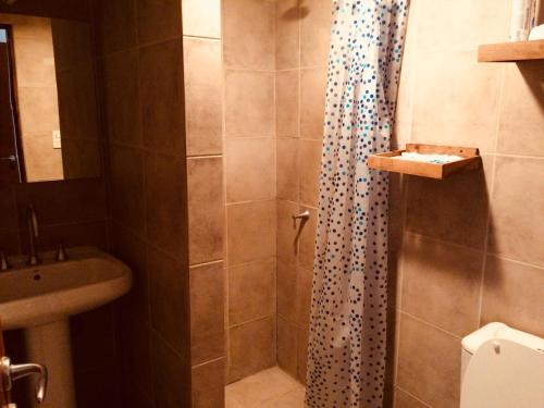 a bathroom with a shower and a sink at Hosteria Kupanaka in Ushuaia
