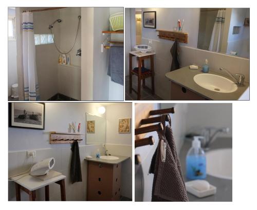 three pictures of a bathroom with a sink and a shower at Natural Reserve Apartment in Zikhron Ya‘aqov