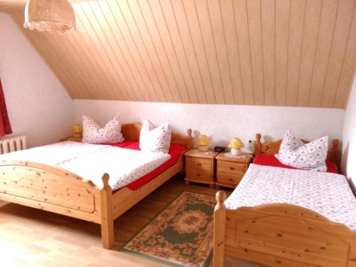 2 aparte bedden in een kamer met een plafond bij Ferienwohnung Petzold in Kurort Altenberg