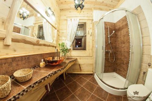 a wooden bathroom with a shower and a sink at Gościniec Pod Małym Królem in Ustrzyki Dolne