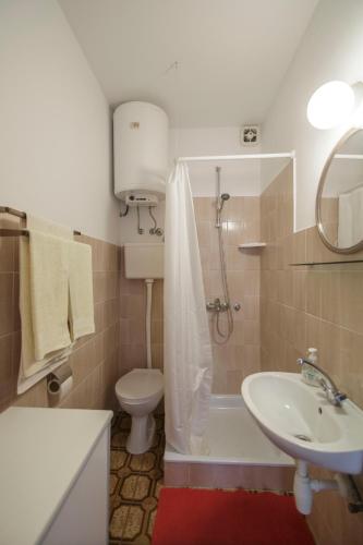 a bathroom with a sink and a toilet and a shower at Apartmani Jordana in Komiža