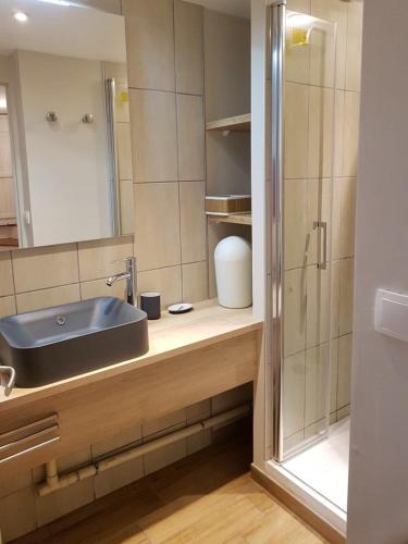 une salle de bain avec un lavabo et une douche dans l'établissement Le Charlot, à Saint-Valery-sur-Somme