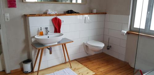 a bathroom with a sink and a toilet at Ferienwohnung mit Traumbad in Höxter