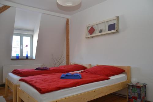 a bedroom with a bed with red sheets and red pillows at Ferienwohnung mit Traumbad in Höxter
