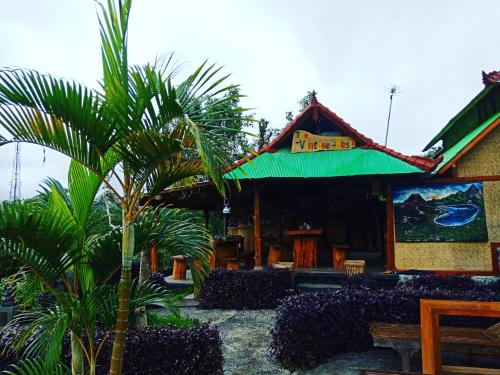 a building with a palm tree in front of it at Black Lava Hostel and Lodge in Kintamani