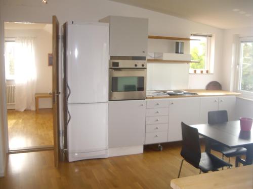 Il comprend une cuisine équipée d'un réfrigérateur blanc et d'une table. dans l'établissement Villa Carlotta Apartments, à Lund