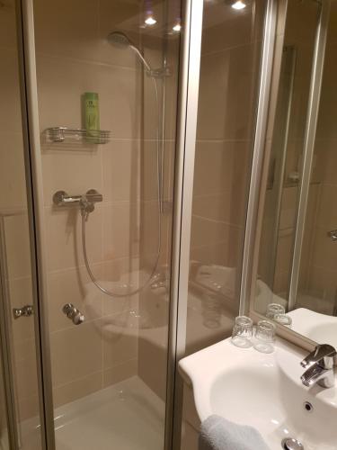 a bathroom with a shower and a sink at Hotel Giesing in Munich