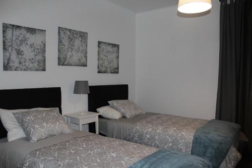 una habitación de hotel con 2 camas y una lámpara en Quinta Chão do Nabal, en Belmonte