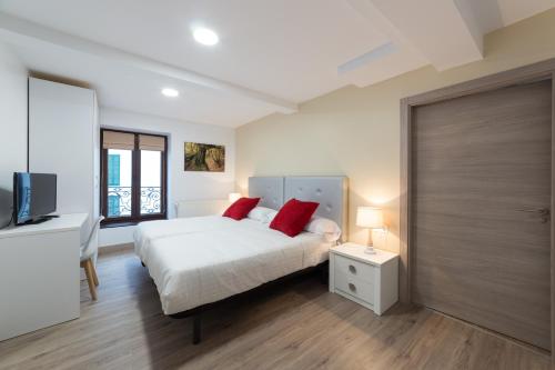a bedroom with a white bed with red pillows at Petit Goierri in Ormáiztegui