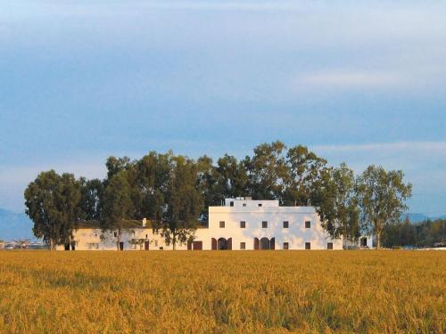 a large white building in a field with trees at Mas Illa de Riu - Auténtica Masía del Delta del Ebro con capacidad para 20 personas - Deltavacaciones in Sant Jaume d'Enveja