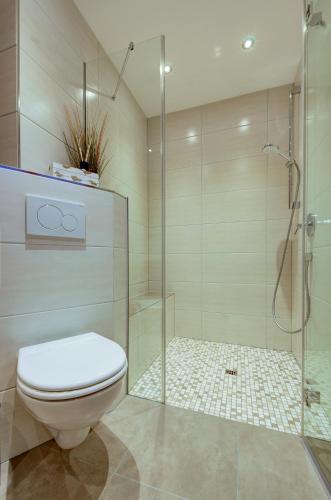a bathroom with a toilet and a glass shower at Ferienhaus Bachwinkl in Saalfelden am Steinernen Meer