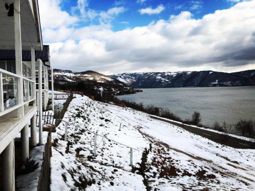 a house with snow on the side of a lake at Dream Tricule in Sviniţa