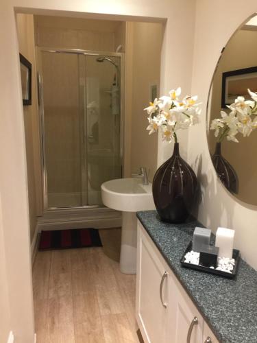 a bathroom with a shower and a sink and a toilet at Scotstoun 1 Bed Flat in Glasgow