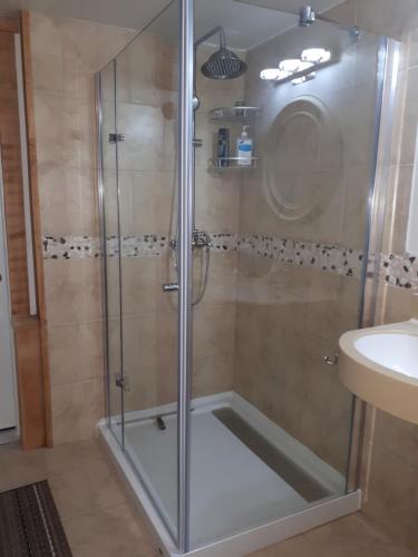 a shower with a glass door in a bathroom at Sacred Pilgrimage Studio in Metchosin