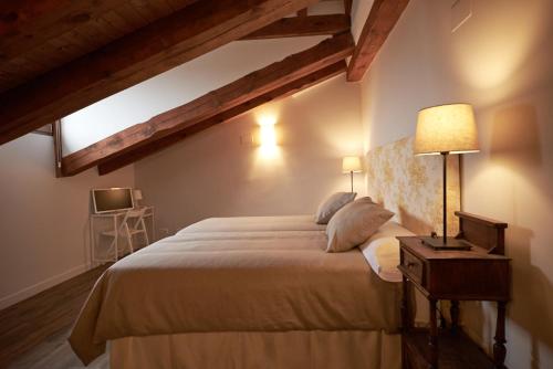um quarto com uma cama com um candeeiro e uma televisão em Casa Rural Victoriano Pedraza em Rades de Abajo
