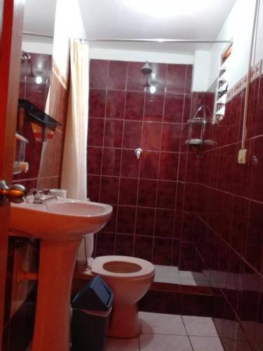 a bathroom with a red tiled shower and a toilet at B&B Chayana Wasi in Ollantaytambo