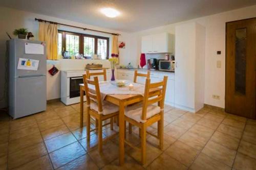 eine Küche mit einem Tisch und Stühlen sowie einem Kühlschrank in der Unterkunft Ferienwohnung Raina in Bad Säckingen
