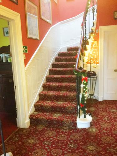 a staircase in a house with a christmas tree at Ferintosh Guest House in Dumfries
