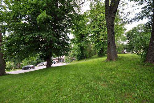 a green lawn with trees and a car on a street at Braeside Country Inn in Pictou